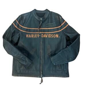 Y2K Harley Davidson Sz XL Leather Double Tone Jacket Orange Stripe Distress